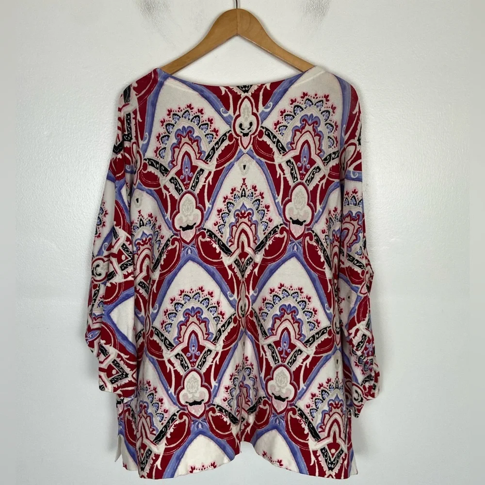 Chico's Watercolor Medallion Dolman Sleeves Sweater Size 4 US XXL‎ Boat Neck Red